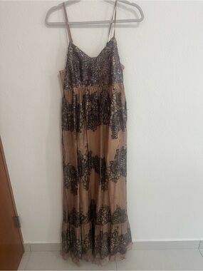 Anthropologie Nude Maxi Dress with Black Sequin Overlay